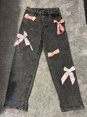 wild fable Black Acid-Wash jeans with Pink Bow Details
